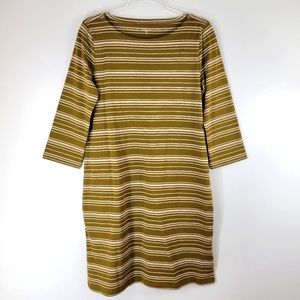 GARNET HILL organic pima cotton mustard brown striped popover 3/4 sleeve dress
